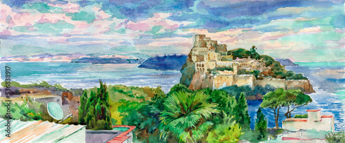 Seaview on Castello Aragonese. Ischia Italy. Wide web banner.
