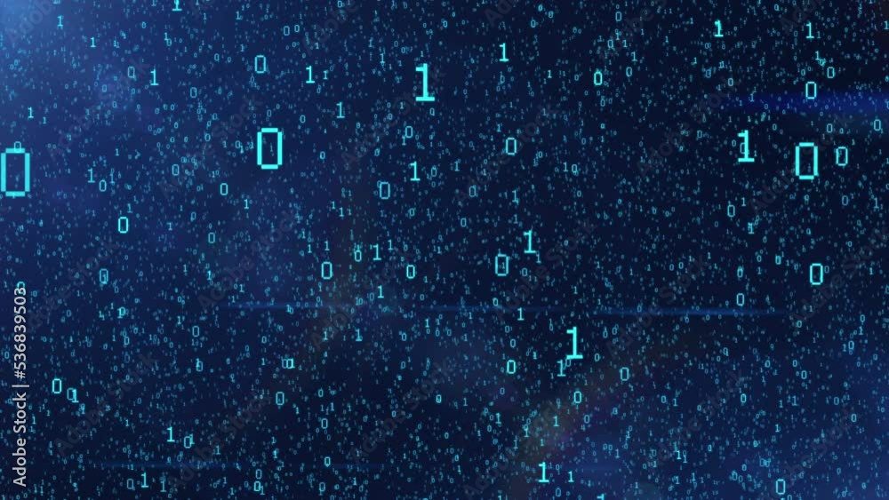 Binary code black and blue background with digits moving on screen. Concept of mining cryptocurrency and bitcoin. Web developer. Digital computer code. Programming. Coding.