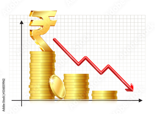Red arrow chart falls down chart and symbol of rupee currency with stack of gold coins. Financial crisis