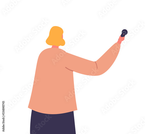Journalist or Reporter Female Character with Microphone Rear View. Woman Interviewing, Live News, Visit Press Conference