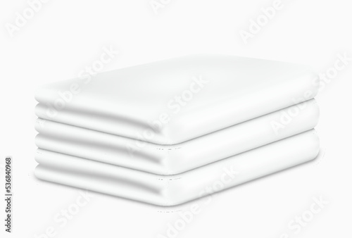 Pile of white fabric towels for bathroom, shower, kitchen or beach. Set of clean fluffy cloth towels