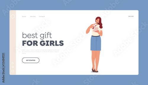 Best Gift for Girls Landing Page Template. Happy Woman Open Gift Box Wrapped with Festive Bow, Surprised Female