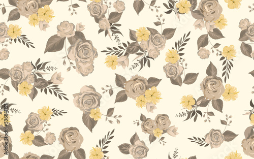 Full seamless lilium rose floral pattern background for fabric print. Brown flower leaves illustration. Vector design for women dress and textile.