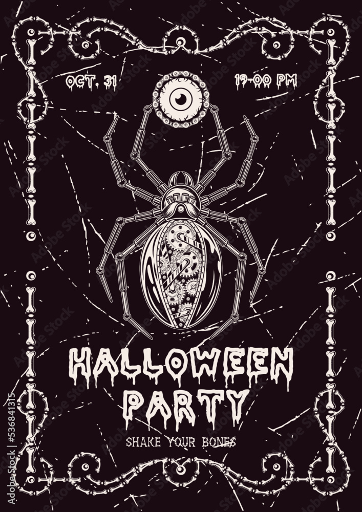 Fototapeta premium Halloween vertical poster with spider in steampunk style, human eye, frame of bones, text Halloween Party on a scratchy background. Party invitation flyer template. Vector