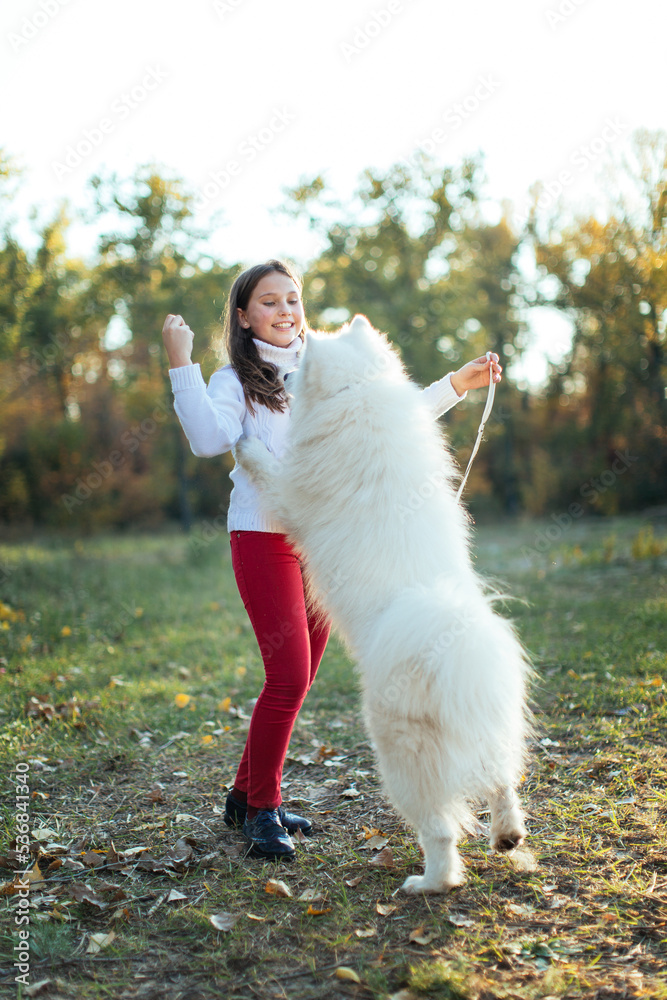Little brunette girl runs and plays with a dog in the autumn leaves in the park. Friendship and harmony in the family. Happy childhood. Little brunette girl runs and plays with a dog in the autumn leaves in the park. Friendship and harmony in the family. Happy childhood.