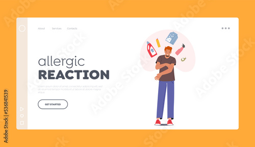 Allergic Reaction on Chemicals Landing Page Template. Male Character with Allergy on Different Detergent Types