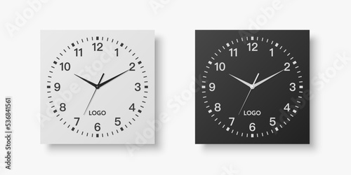 Vector 3d Realistic White, Black Square Wall Office Clock Set, Design Template Isolated on White. Dial with Roman Numerals. Mock-up of Wall Clock for Branding and Advertise Isolated. Clock Face Design