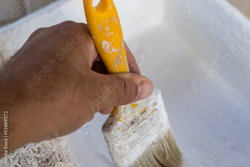 A man painting an exterior wall with a brush
