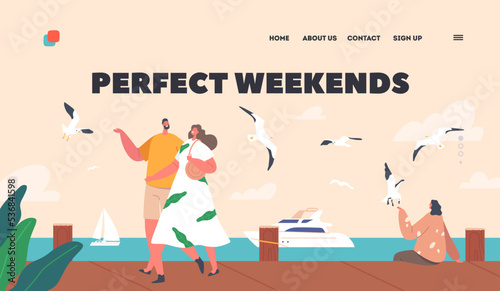 Perfect Weekend Landing Page Template. Happy Couple Characters Walking along Embankment with Seaview