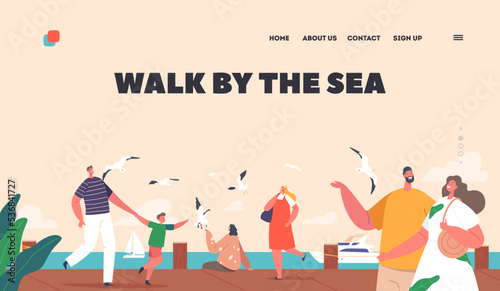 People Walk by the Sea Landing Page Template. Happy Characters Walking along Embankment with Seaview