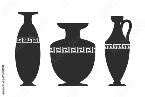 Vase silhouettes set. Various antique ceramic vases. Ancient greek jars and amphorae silhouettes. Clay vessels pottery illustration.