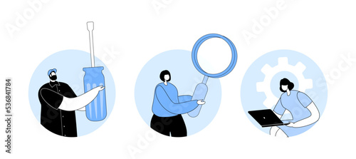 Repair Service Concept. Man Hold Huge Screwdriver, Women with Magnifier, Laptop and Gear. Fixing or Assembling Computer