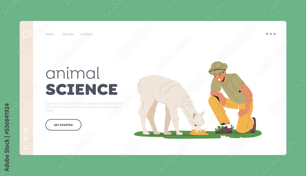 Obraz premium Animal Science Landing Page Template. Zoologist Study Animal In Natural Habitat. Scientist Naturalist Explore Lama