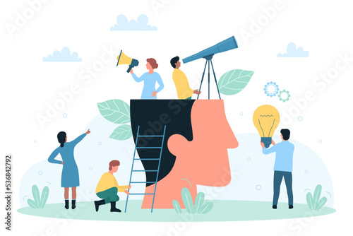 Creative business mindset vector illustration. Cartoon tiny people inside abstract human head of businessman looking ahead through telescope in future, holding light bulb, finding ideas and thinking