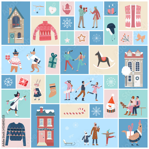 Happy people celebrate winter holidays set vector illustration. Cartoon human and animal characters in sweaters and warm clothes go to skate and ski, give gift box in square collage background