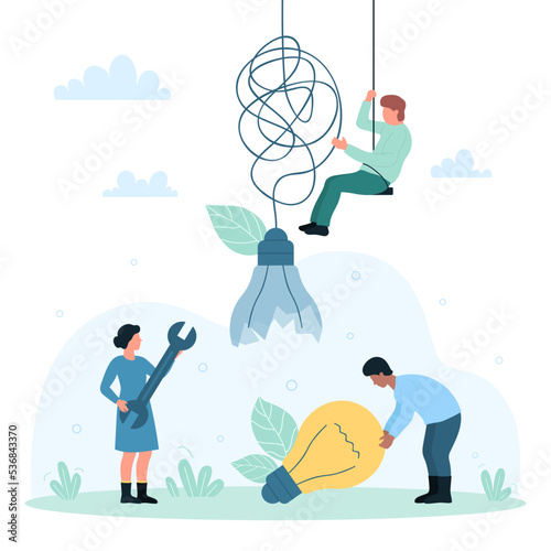 Tech support and maintenance service vector illustration. Cartoon tiny people repair and replace broken light bulb, electrician characters holding bright electric lamp and mechanic work tool