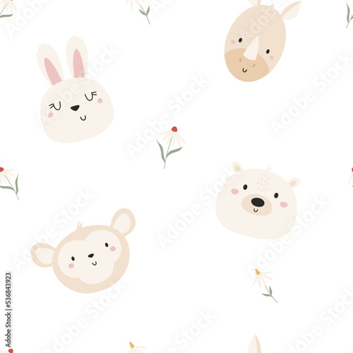 Seamless pattern with cute animals polar bear, rabbit, monkey and rhino