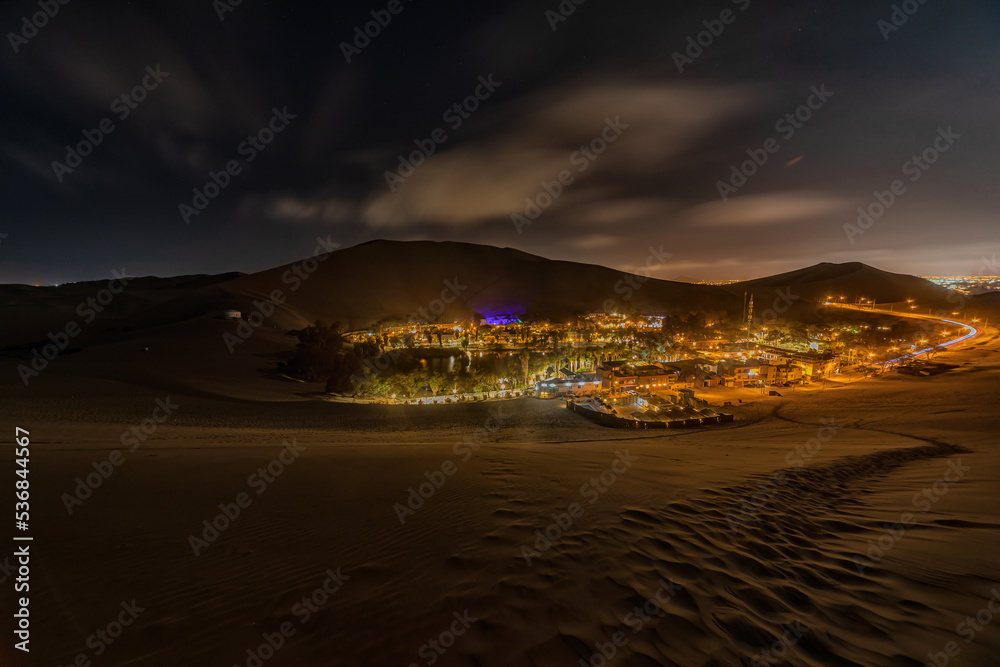 Wide angle long exposure of the desert oasis of Huacachina in Peru at night. Wide angle long exposure of the desert oasis of Huacachina in Peru at night.