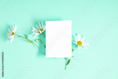 White paper empty blank and white chamomile flowers on mint background. Invitation card mockup on light green table. Flat lay  top view  copy space  mockup