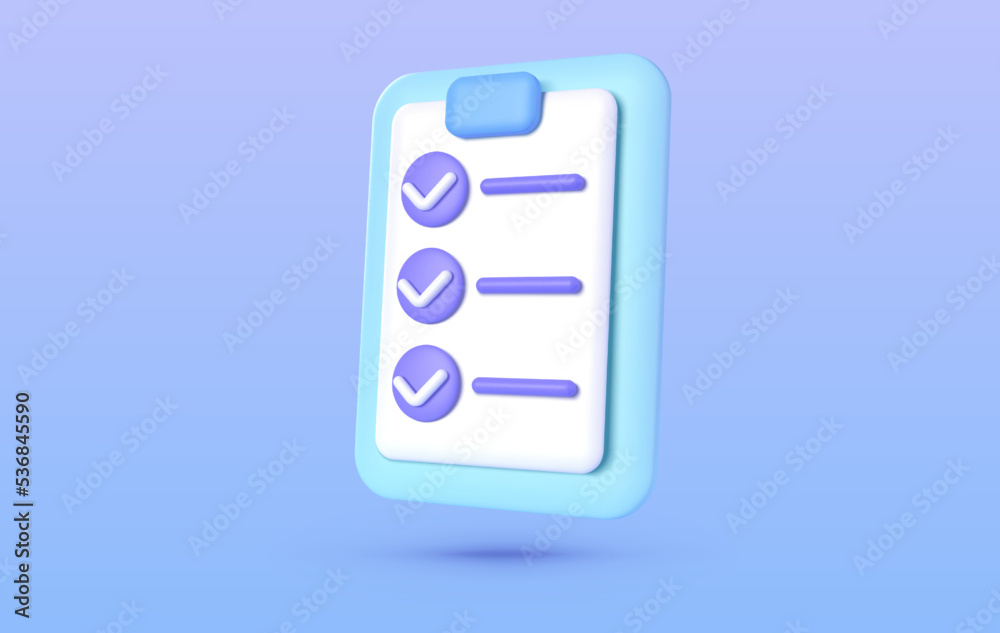 Document 3d. Exam checklist icon. Business vector icon. 3d check list icon vector render illustration. Vector render illustration Document 3d. Exam checklist icon. Business vector icon. 3d check list icon vector render illustration. Vector render illustration