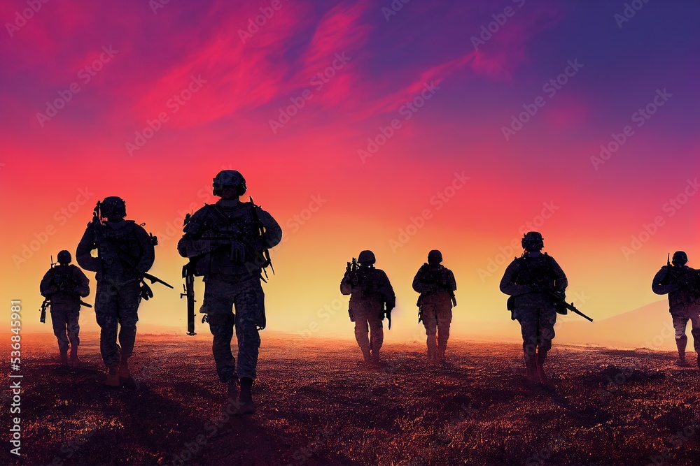 Military (Army, Marines, Navy, Air Force) Veterans. Soldiers at sunset silhouettes computer image with no reference photos used.  - obrazy, fototapety, plakaty 