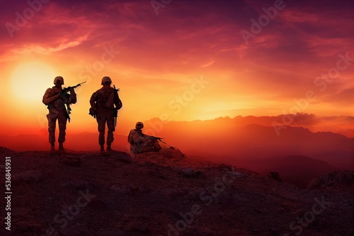 Military  Army  Marines  Navy  Air Force  Veterans. Soldiers at sunset silhouettes computer image with no reference photos used. 