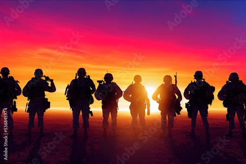 Military  Army  Marines  Navy  Air Force  Veterans. Soldiers at sunset silhouettes computer image with no reference photos used. 