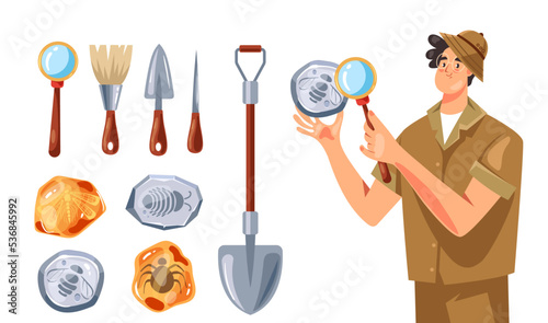 Archeology history archaeologist explorer isolated set. Vector graphic design illustration