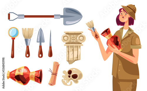 Archeology history archaeologist explorer isolated set. Vector graphic design illustration