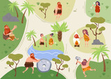 Cave people prehistoric era village map life isolated set. Vector graphic design element illustration