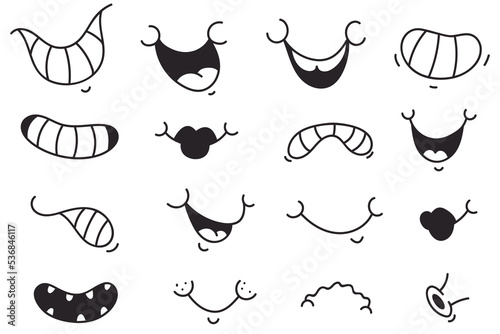 Retro style mouth smile cute cartoon doodle face expression isolated set. Vector graphic design element illustration