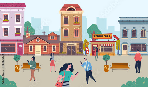 City street small town walk building people walking abstract concept. Vector graphic design illustration
