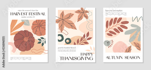 Happy Thanksgiving day and harvest posters with pumpkins,foliage and copy space for text.Modern autumn covers for invitations,social media marketing,greetings,brochure.Trendy holiday backgrounds.