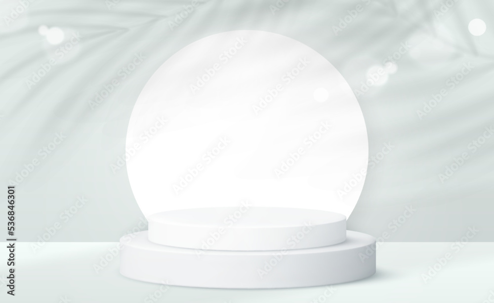 Realistic product podium and transparent shadow from palm leaf on white background. 3d round pedestal. Vector template Realistic product podium and transparent shadow from palm leaf on white background. 3d round pedestal. Vector template