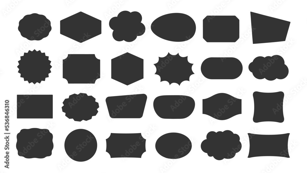 Abstract black geometric shape silhouette icon set. Outline blank frame templates, speech bubbles, badges, price tags, sticker, think cloud