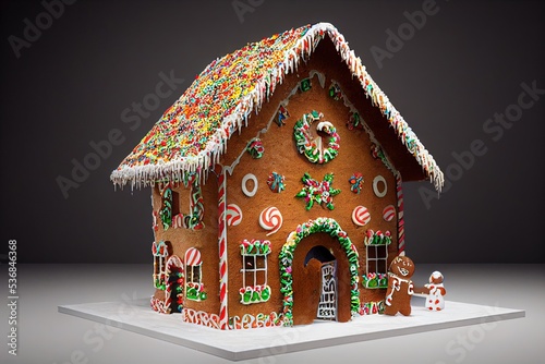 A delicious fresh gingerbread house 3D rendered image. Computer generated to look like photo realistic gingerbread, icing, gumdrops, and more for the Christmas holiday season