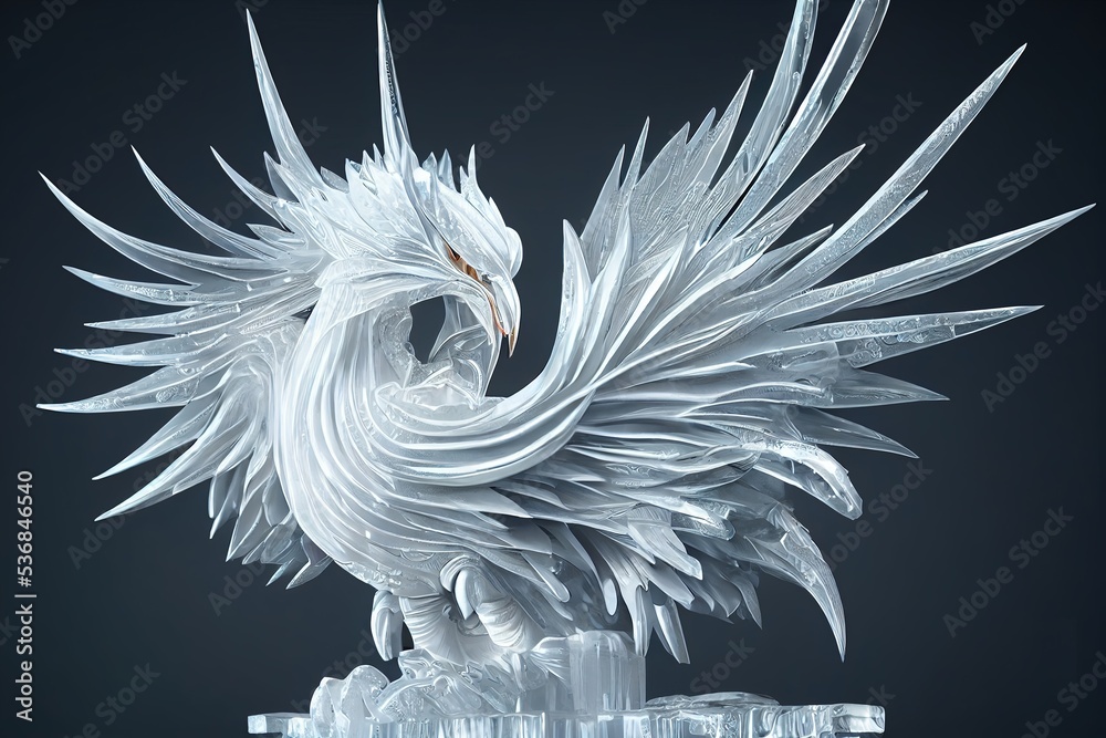 3D rendering of computer-generated phoenix ice sculpture. White