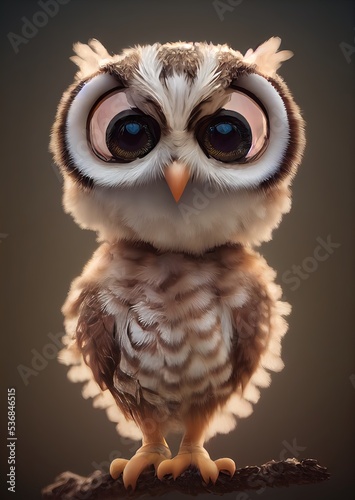 Modern 3D rendered computer-generated image of a desert owl in a studio setting. Made to look like realistic modern animation character design with kawaii cute adorable look