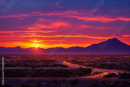 Gorgeous and colorful 3D rendered computer generated image of a bright and colorful Arizona sunset. Desert sunset in Maricopa County, Arizona as imagined by the artist. Gorgeous cloudy sky view © Brian