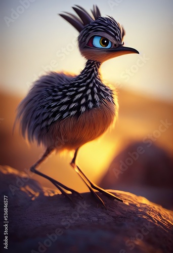 Modern 3D rendered computer-generated image of a roadrunner bird in a Southwestern US/Arizona setting. Made to look like realistic modern animation on a bright and sunny day in the Saguaro desert photo