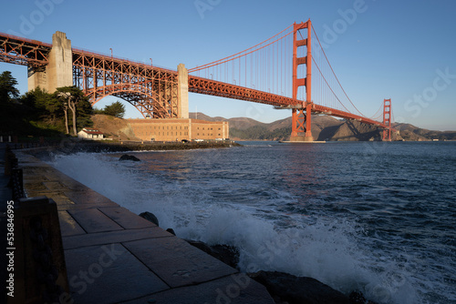 Golden Gate Bridge in california USA. With fort in the sunrise and sunset with the Pacific Ocean view