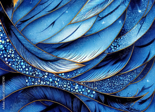 Abstract fractal background with feather texture. Blue colour tones. Detailed digital painting photo