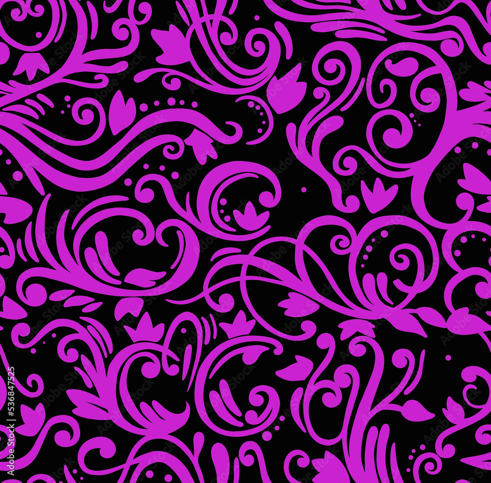 Floral pink pattern on black background, abstract design, seamless background.