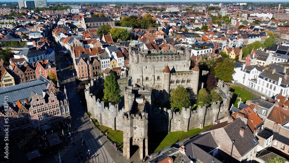 drone photo Castle of the counts of Flanders, Gravensteen Ghent Belgium europe	