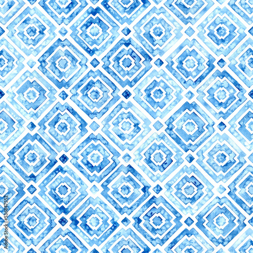 Seamless moroccan pattern. Square vintage tile. Blue and white watercolor ornament painted with paint on paper. Handmade. Print for textiles. Set grunge texture.