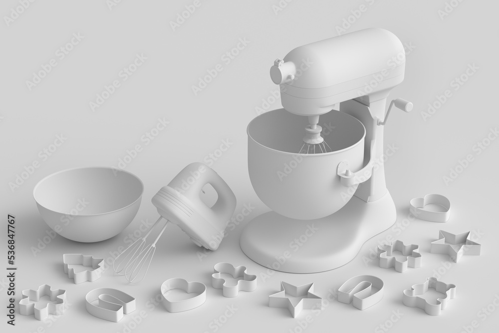 Mixer and hand mixer with kitchen utensil for preparation of dough on monochrome Mixer and hand mixer with kitchen utensil for preparation of dough on monochrome