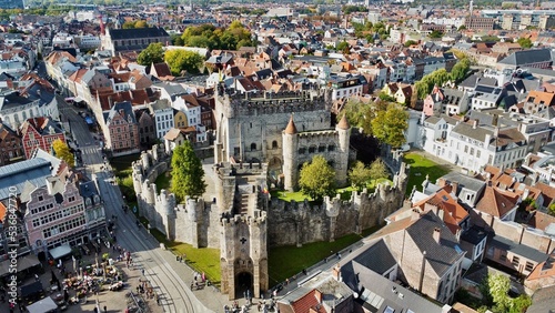 drone photo Castle of the counts of Flanders, Gravensteen Ghent Belgium europe 