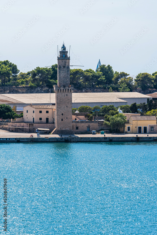 The Porto Pi Lighthouse in Palma harbour on the Balearic Island of Majorca, Spain, Europe