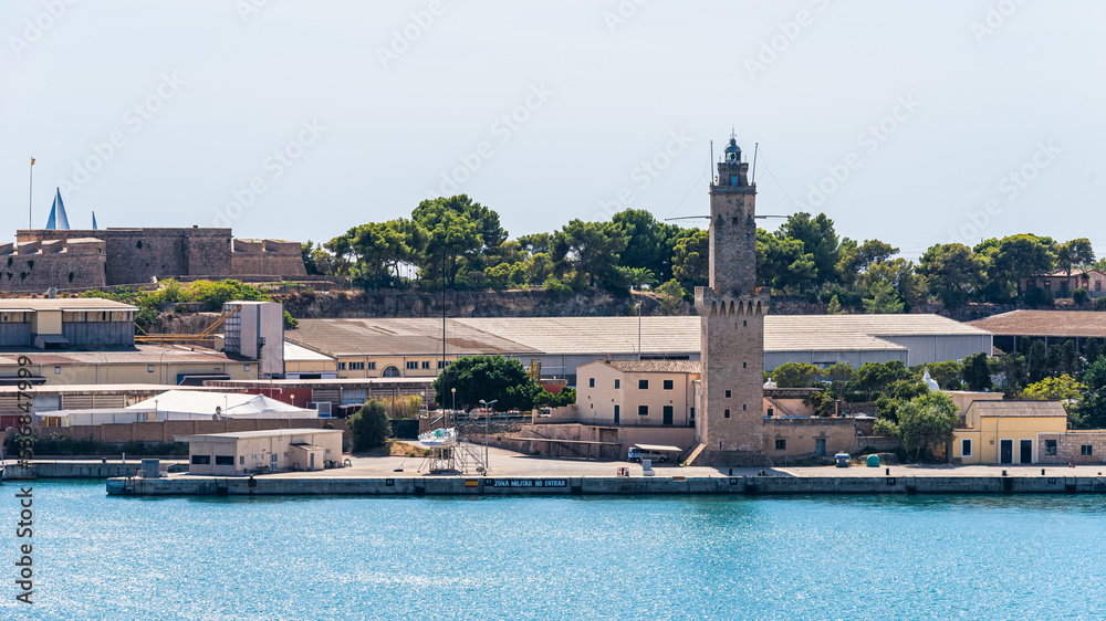 The Porto Pi Lighthouse in Palma harbour on the Balearic Island of Majorca, Spain, Europe