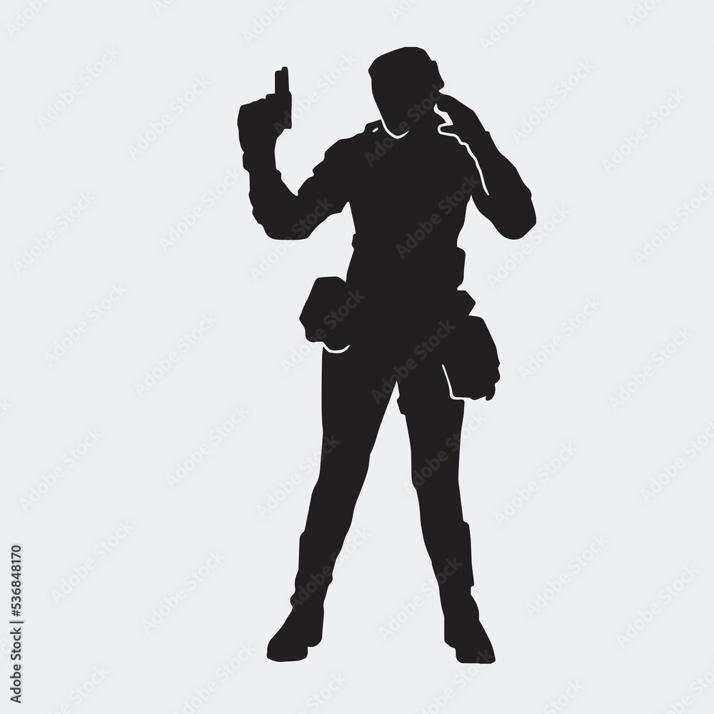 Vector silhouette of a female police agent wearing a uniform on a white background Vector silhouette of a female police agent wearing a uniform on a white background